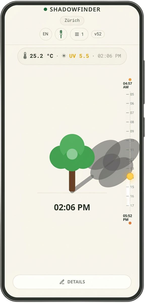 ShadowFinder on a smartphone — tree casting a shadow with the sun path